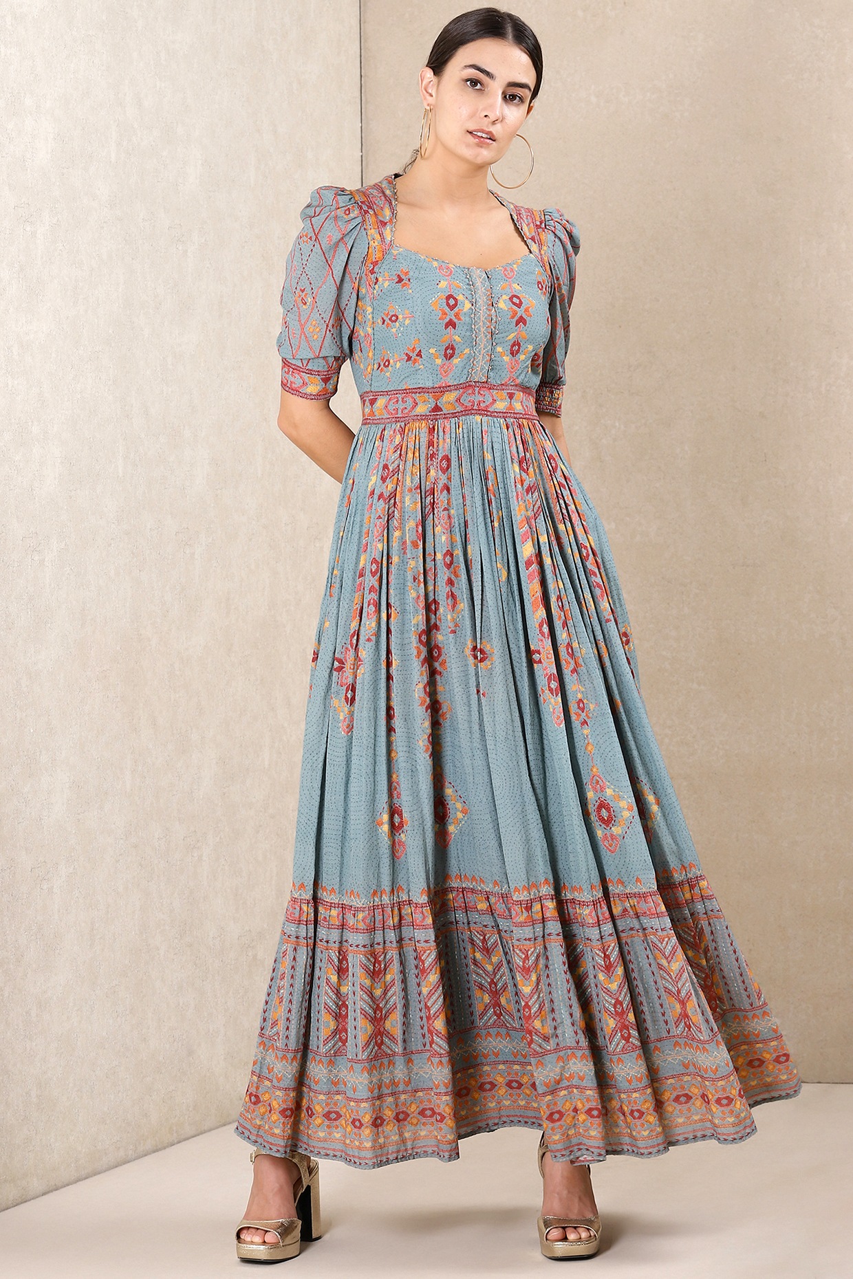 Aqua Blue Printed Dress Design by Ritu ...